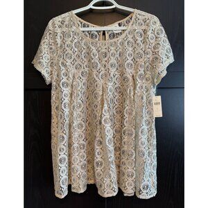 Anthropologie Akemi + Kin Metallic Lace Lyra Blouse Large Short Sleeves Sheer
